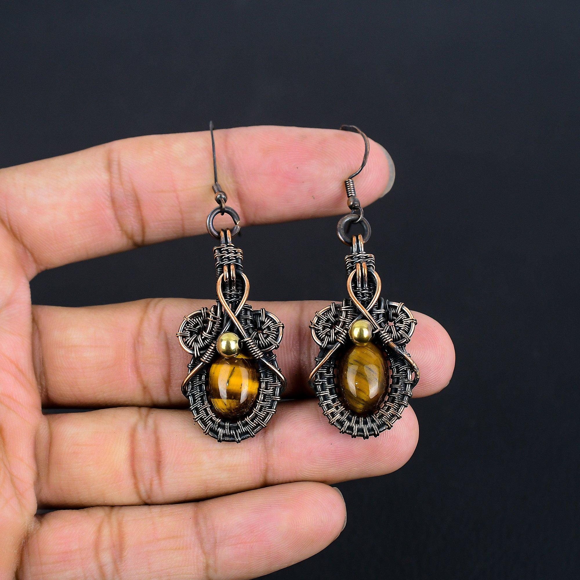 

Серьги из тигрового глаза, обернутые медной проволокой 999 пробы, серьги из натуральных камней ручной работы, подарок для мамы, антикварные украшения 2.55 Inches