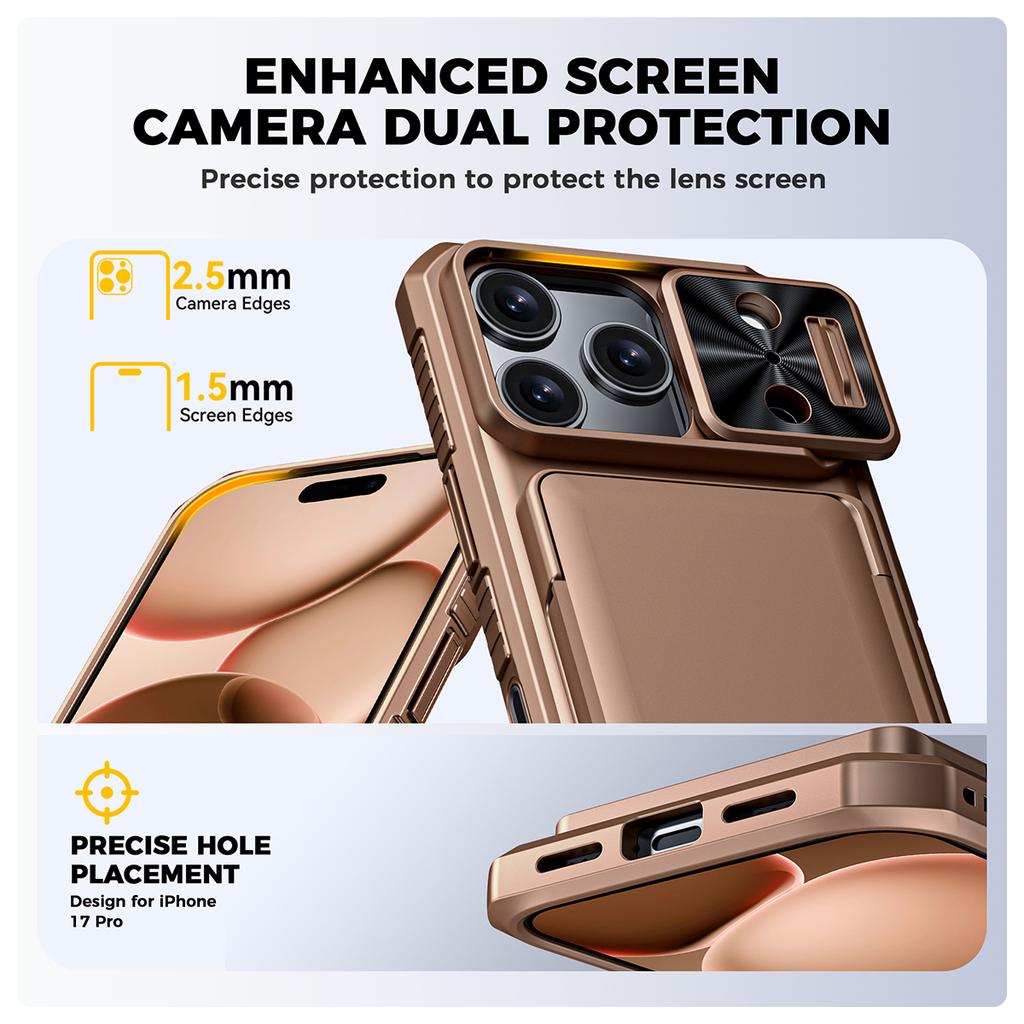 Shockproof Protective Wallet Case with Card Holder, Kickstand and Sliding Camera Cover for iPhone 17 Pro-Gold