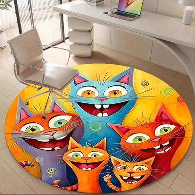 1PC Cat Family Office Round Area Rug, Mat Suitable ForOffice, Under Office Chairs Bedroom Living Room Home Decor, Room Deco
