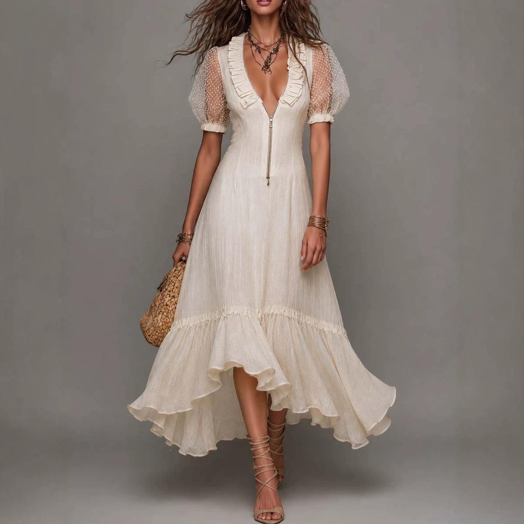 The new V-neck European and American women's clothing holiday style white ruffle edge loose dress is popular.