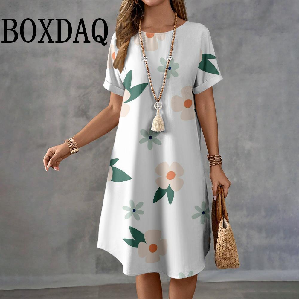 Summer Fashion Flowers Printed Women Retro O-Neck Loose Elegant Short Sleeve Dresses Casual Holiday