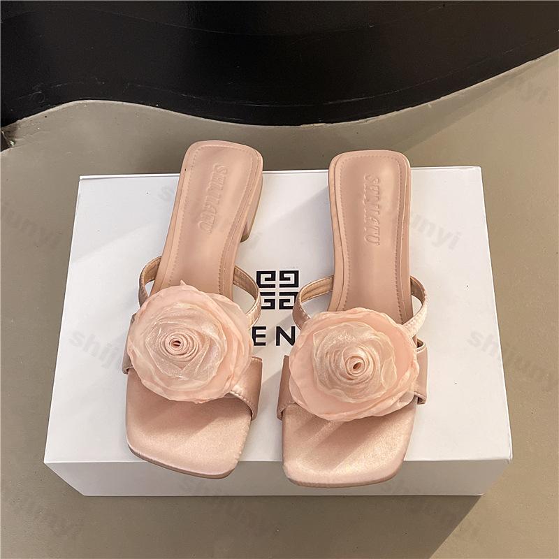 Fashion Women's Slippers 2025 New Summer Flower Fashion Dress Party Wedding Square Toe Women Sandals Elegant Slippers Sandalias De Mujer