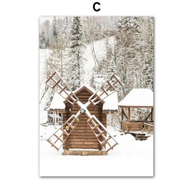 Winter Scenery Picture Canvas Painting Wall Art Elk Animal Wood Snowscape Poster and Print for Modern Home Living Room Decor