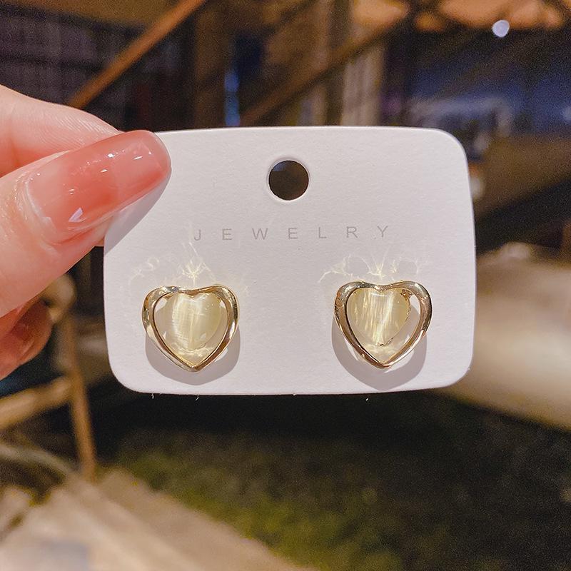 925 Silver Heart-Shaped Cat's Eye Stone Stud Earrings - Popular High-Volume Best Seller