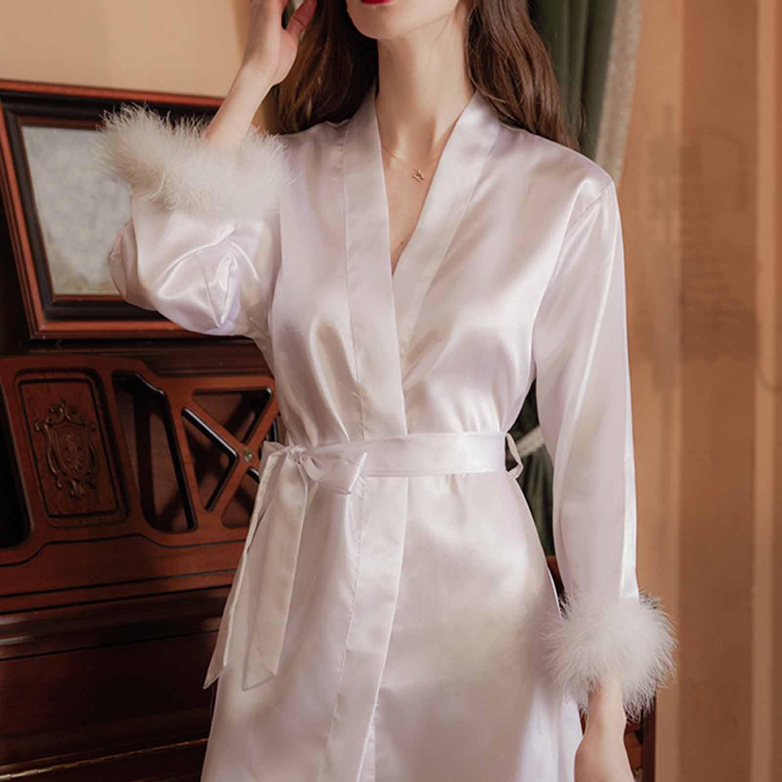 

Шелковые халаты для женщин с пышной отделкой, сексуальный атласный халат для невесты, подружки невесты, свадебная вечеринка, короткий халат, легкая одежда для сна M белый