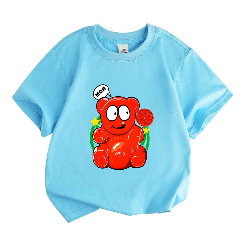 Kids Boys Girls Crew Neck Short Sleeve 100% Cotton T-Shirt Cute Glossy Red Gummy Bear Print Casual Lightweight Soft Summer Daily Tees for Children