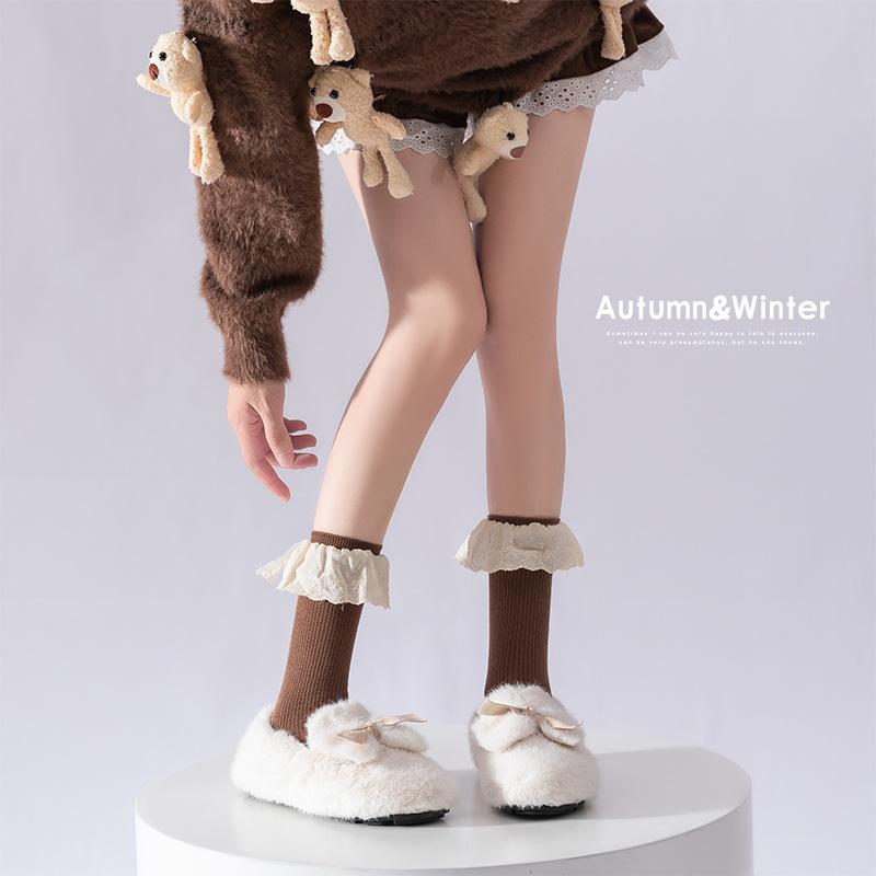 Female Spring and Autumn Lovely Bow Lace In Cylinder Stack Stack Socks