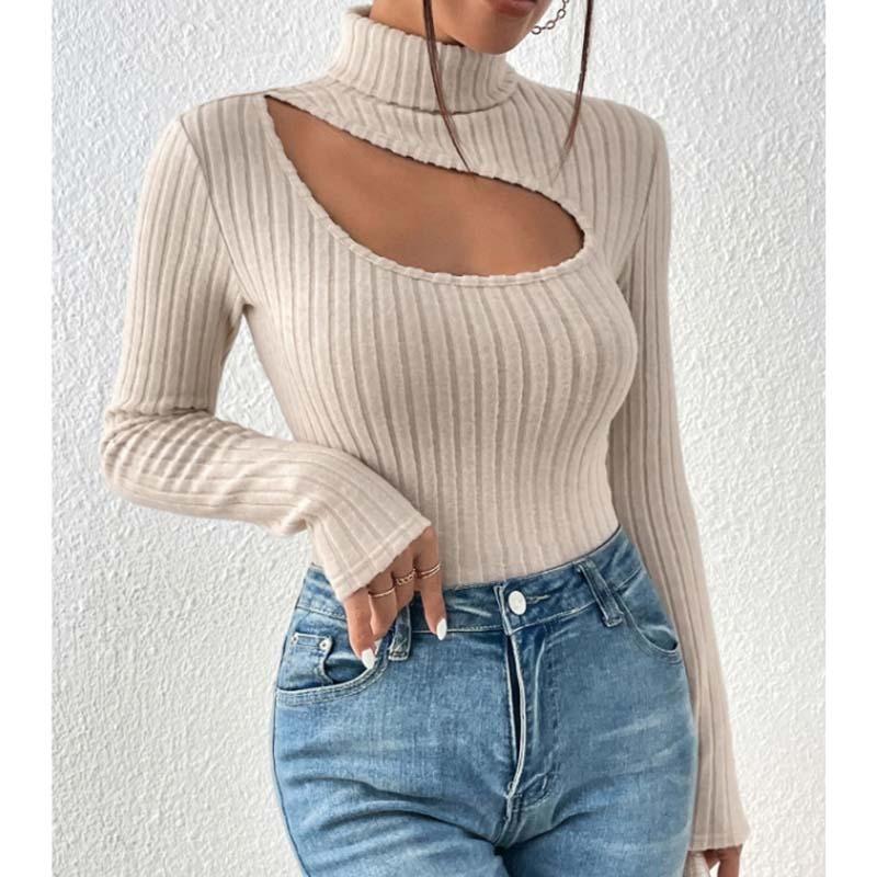 Sexy Svetr s výřezy Slim Fit Dámský Podzimní Rolák s dlouhým rukávem Volnočasový Pulovr Všestranný Top