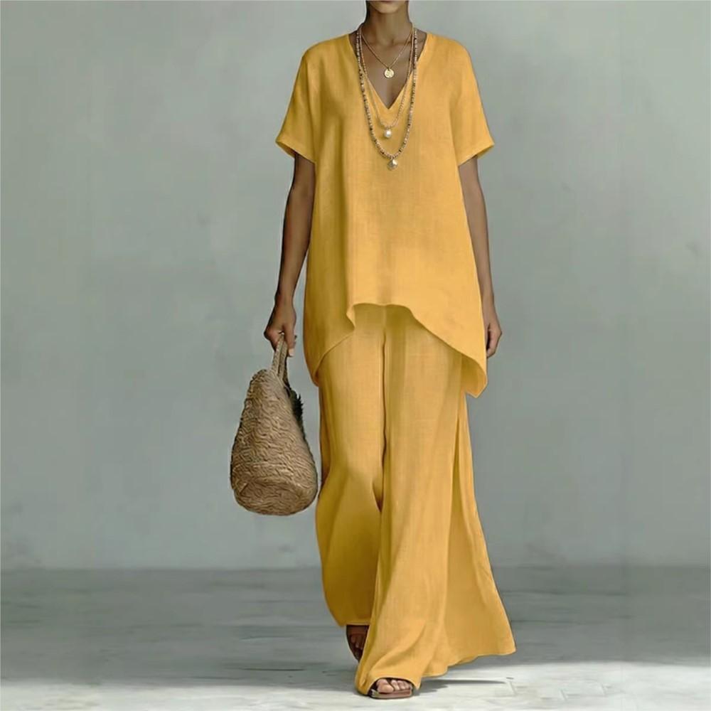 Fashion Loose Cotton Linen Short-sleeved Trousers 2 Piece Set Women Summer Casual V-neck Retro Female Wide-leg Trousers Suit