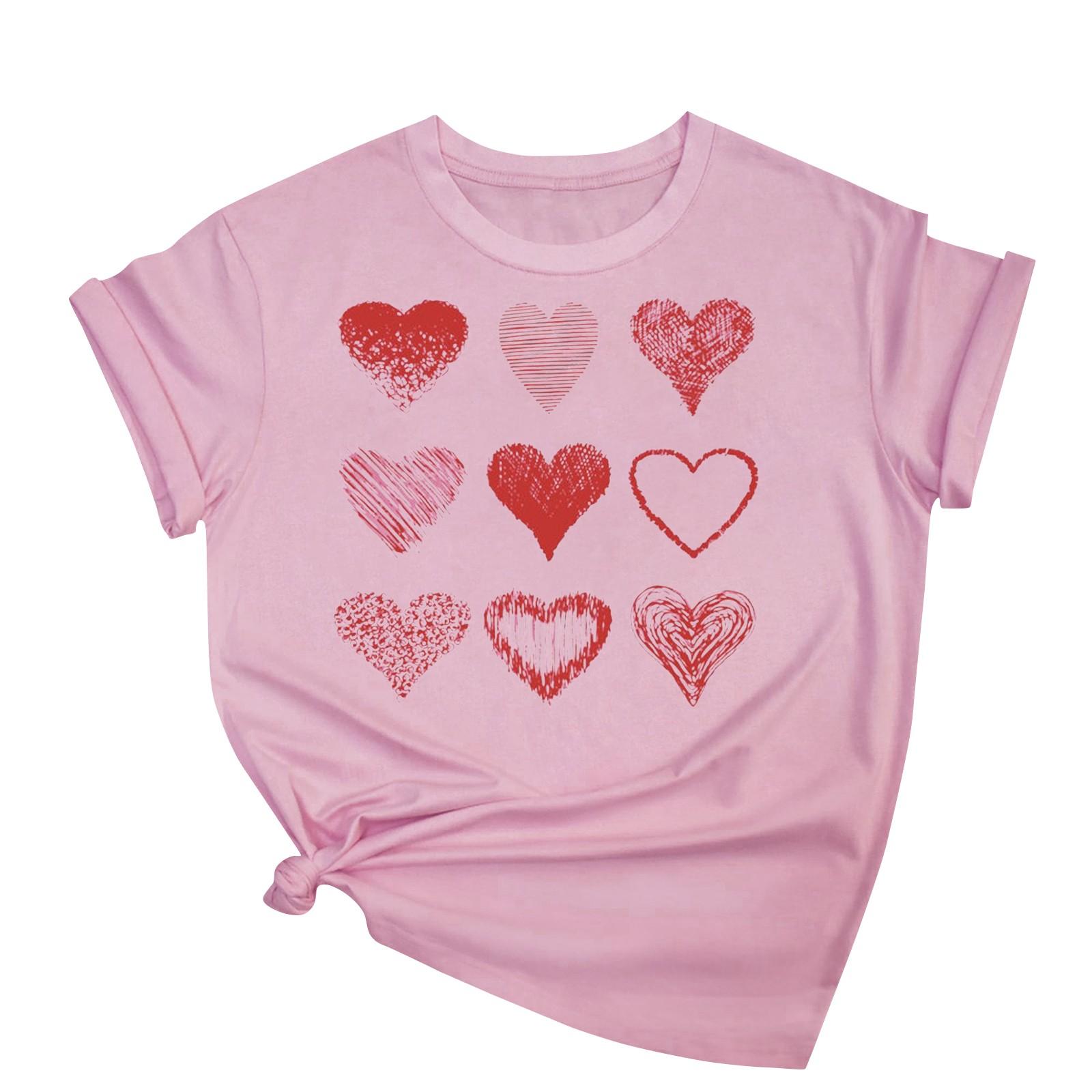 

Женская повседневная свободная футболка с принтом ко Дню святого Валентина, круглый вырез, пуловер, топ с короткими рукавами S розовый