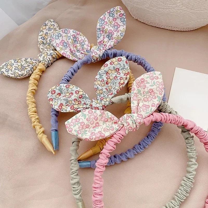 Retro Flowers Print Kids Hairband Bowknot Headband Cloth Rabbit Ears Women Girls Accessories Head Hoop Hair Clips for Women