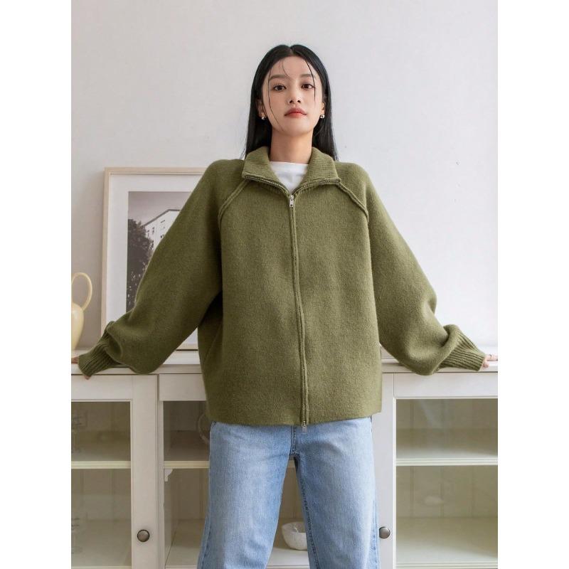 Sweater Jacket Ladies's Fall and Winter Solid Color Stand-up Collar Zipper Knitted Cardigan Top