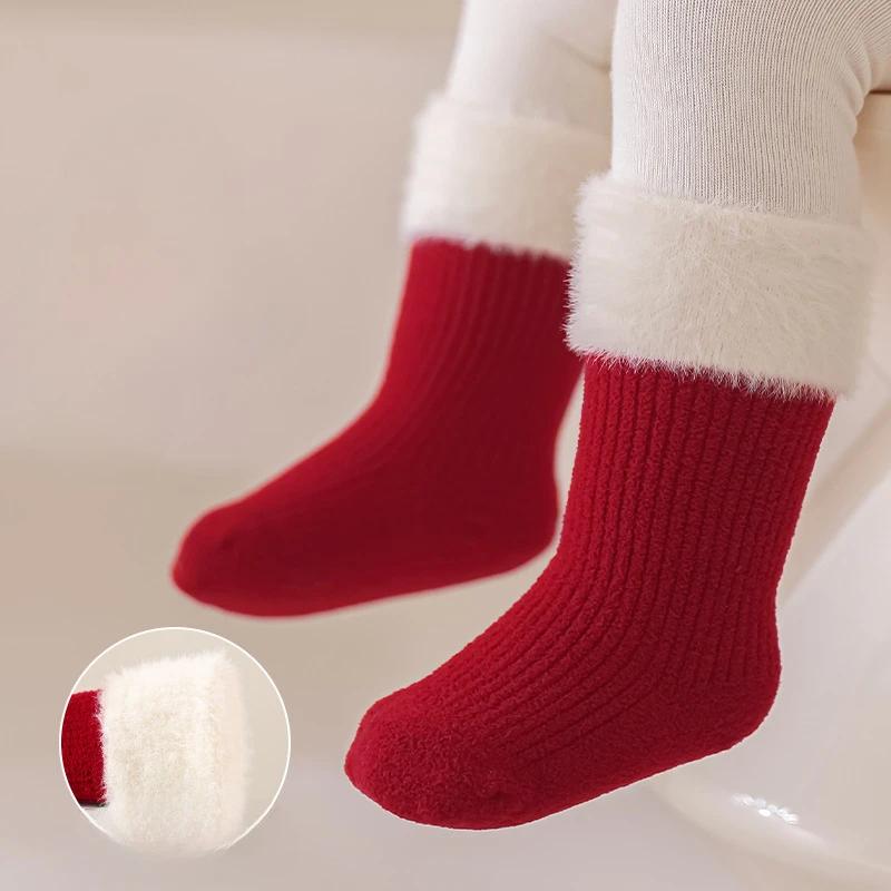 Baby Socks Autumn Winter Thickened Warm Children Red New Year Socks Full Moon Year Old Boy Girl Toddler Boneless Mid Tube Socks