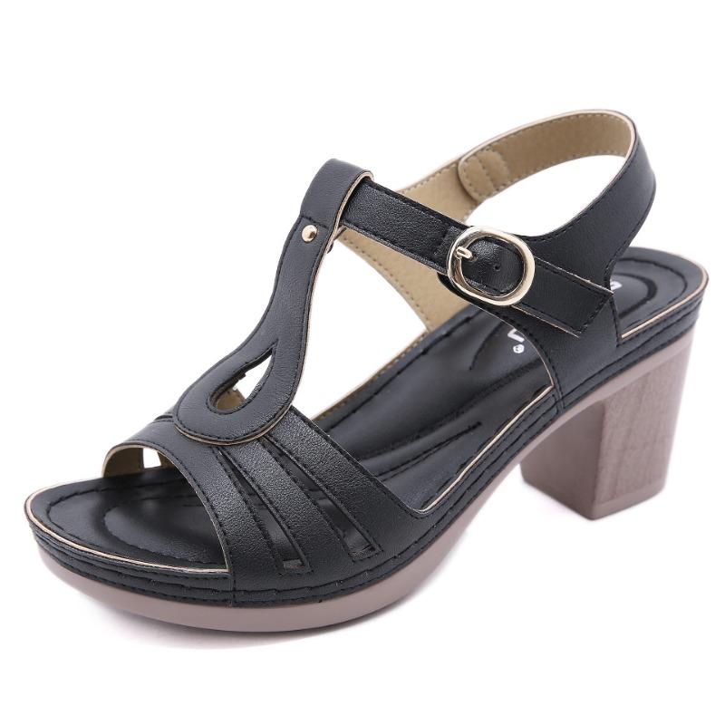 Europe and the United States Sandals Female Metal Buckle Stitching Sandals Thick High Heel Comfortable Large Size Sandals