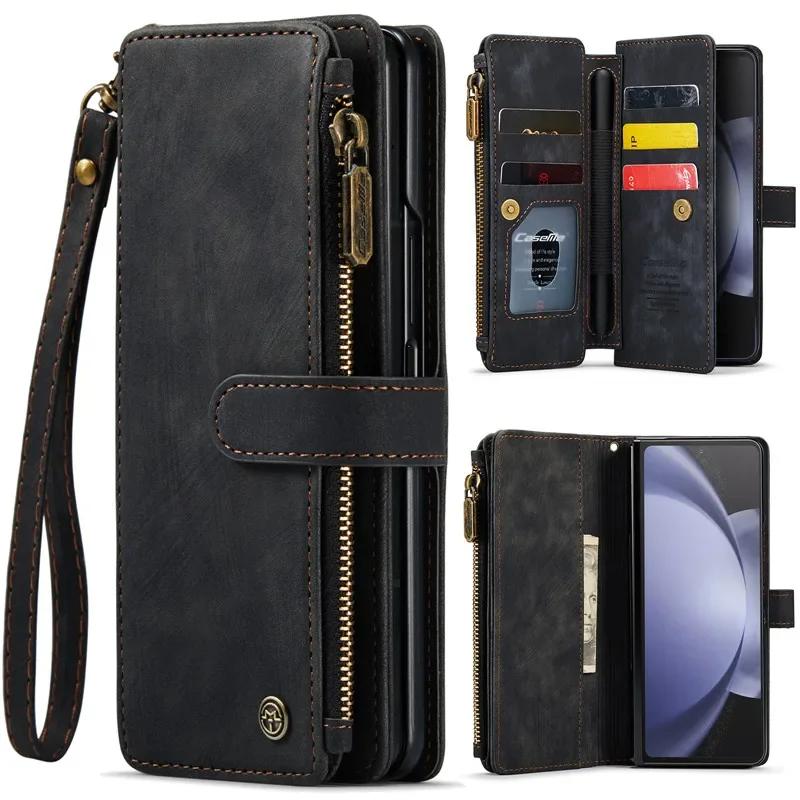 Lanyard Leather Zipper Wallet Card Phone Case For Samsung Galaxy Z Fold 7 6 5 4 Fold6 Fold5 Fold4 Purse Flip Stand Cover