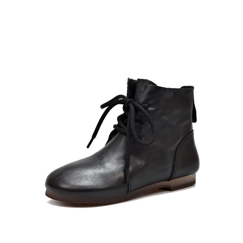 Johnature Bottes courtes plates à bout rond en cuir véritable, chaussures à lacets à semelles souples pour femmes