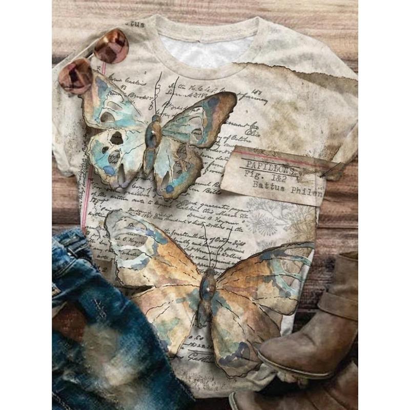 Summer Round Neck Flower Butterfly Pattern 3D Print Top Fashionable Casual Short Sleeved Women's T-shirts