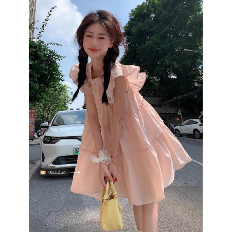 

Жіноча мила та ніжна літня сукня з летючими рукавами, маленька вільна коротка сукня для схуднення S рожевий