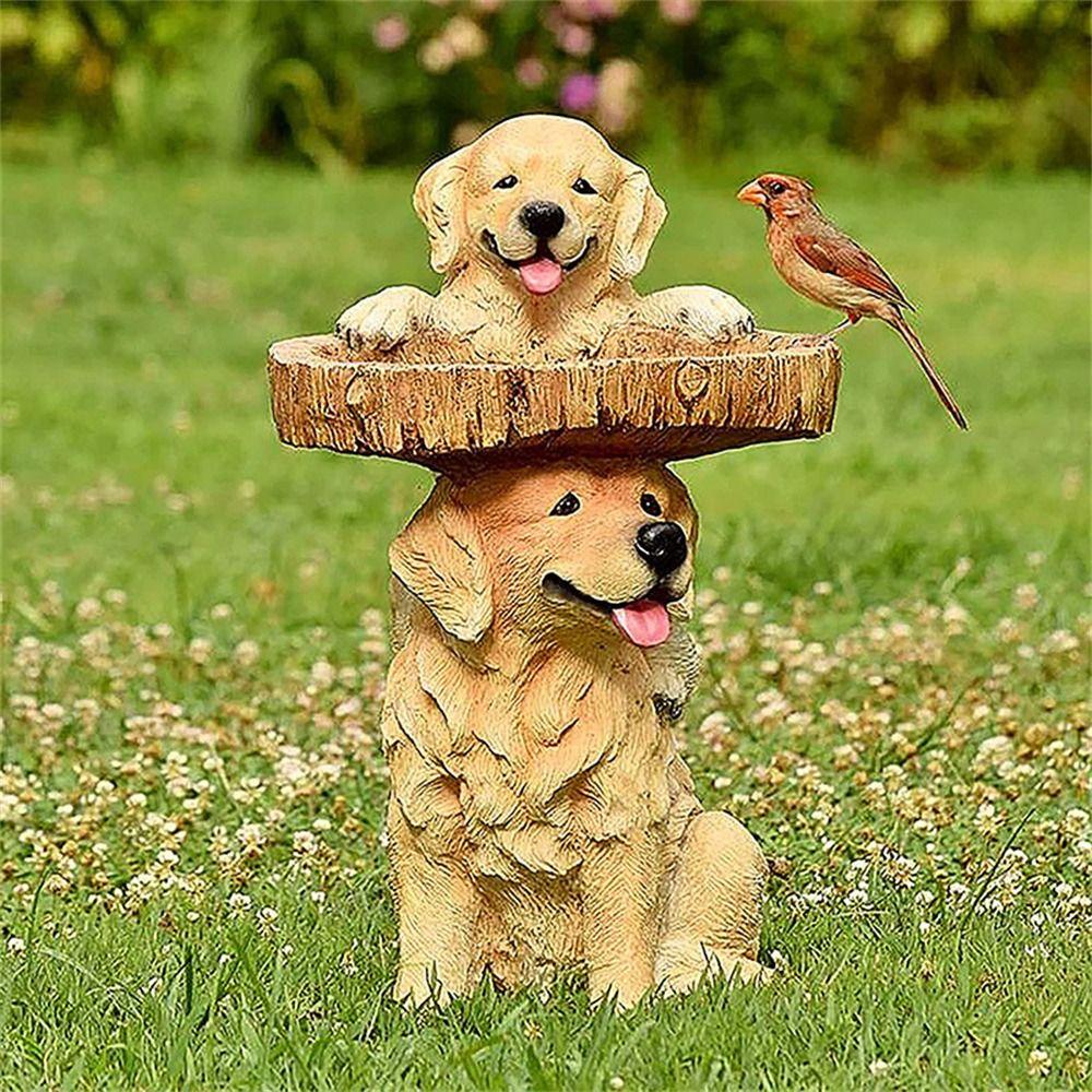 Resin Crafts Garden Dog Statues Animal Bird Feeding Tray Cute Garden Decoration  for Home Yard