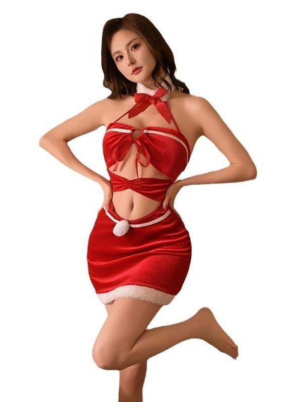 Sexy Lingerie Flirting  Uniform  Wrapped Buttocks Skirt  Pure Desire Clothing  Red Lace Chrismas Velvet FHWR