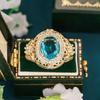 Huitan Classic Elegant Ring for Women Party Wedding Luxury Finger Accessories Gold Color Delicate Jewelry Inlaid Shiny Blue CZ