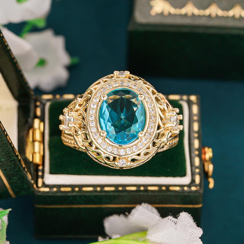 Huitan Classic Elegant Ring for Women Party Wedding Luxury Finger Accessories Gold Color Delicate Jewelry Inlaid Shiny Blue CZ