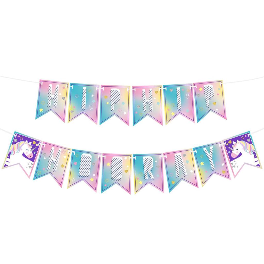 Unicorn Macaron Gradient "HIP HIP HOORAY" Birthday Banner Decoration Supplies
