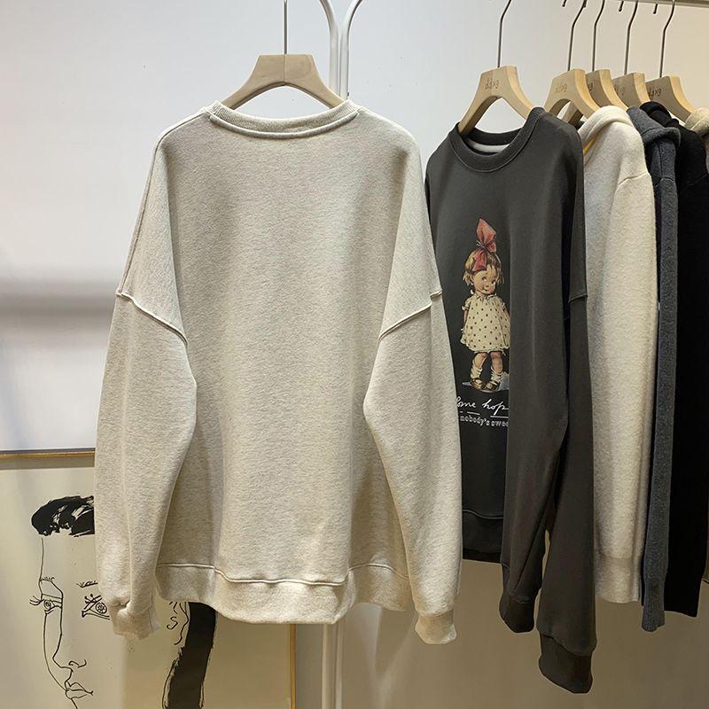 Sweatshirt for Women Oversize Fleece Thickened Loose Round Neck Casual Cartoon Pullover Long Sleeve Winter Sweatshirt Top