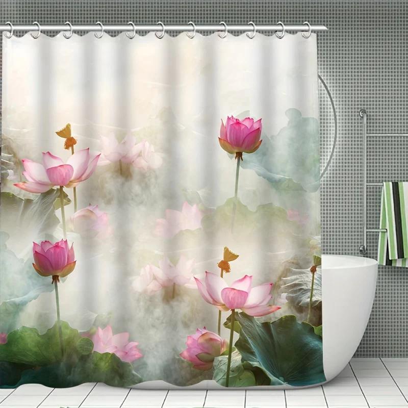 Lush Lotus Shower Curtain Set With 12 Free Hooks: Includes A Waterproof Curtain, Non-Slip Bath Mat, Toilet Seat Cover, And Bathr