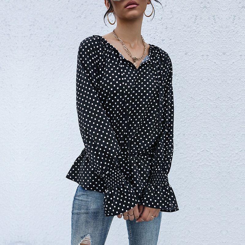 

New Arrival Fashion Tops Bell Sleeve Slim-Fit Lace up Polka Dot Black Shirt Black L