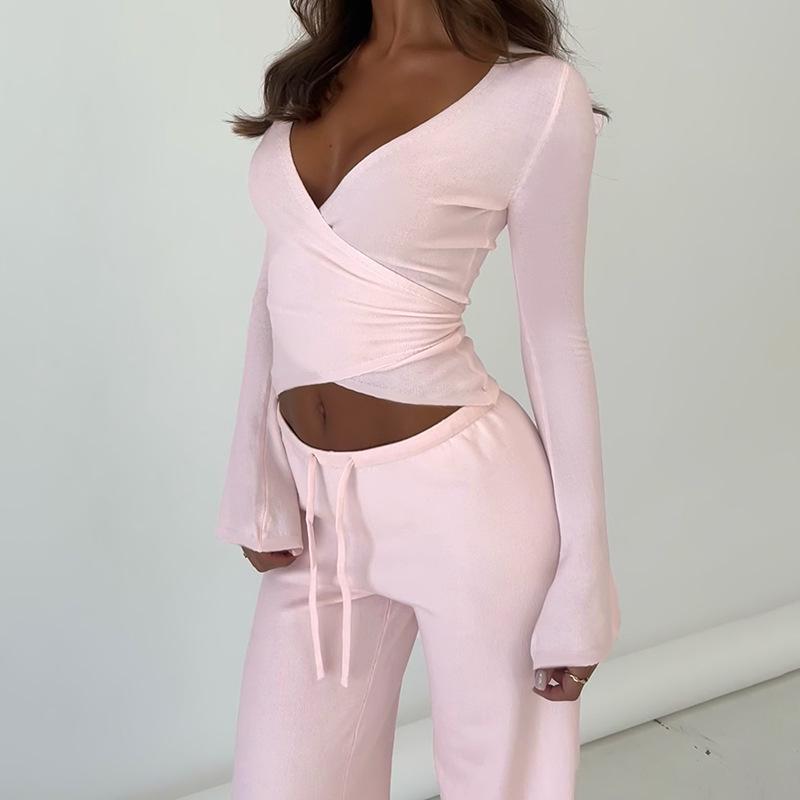 2025 Spring European & American V-Neck Long-Sleeve Top and Pants Set: Fashionable, Casual Women's Clothing