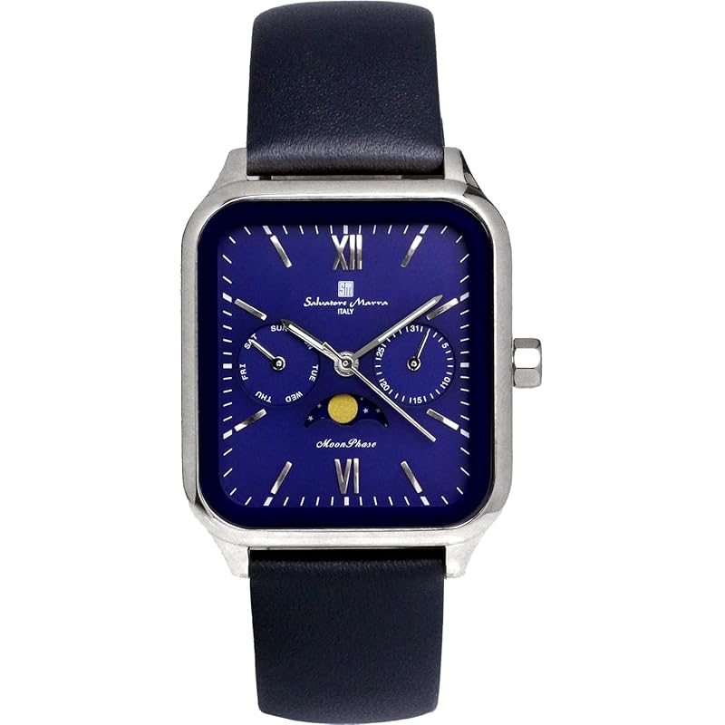 

[Salvatore Mara] часы с фазой Луны квадратной формы, мультикалендарь, повседневные, водонепроницаемые, деловые, формальные, мужские, кожаный ремень, лимитированная модель, серебристый