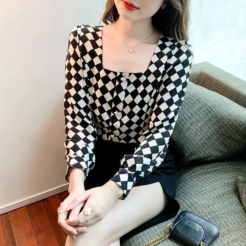 Temperament Square Neck Long Sleeve Retro Casual Shirt Women Fashion Tops Button Up Elegant Loose Blouse for Women Simple Slim Fit Shirts Woman 26350