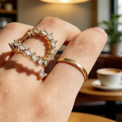 French Light Luxury Gold Full Diamond Set Open Ring Niche Design Double Stacked Fashion Ring