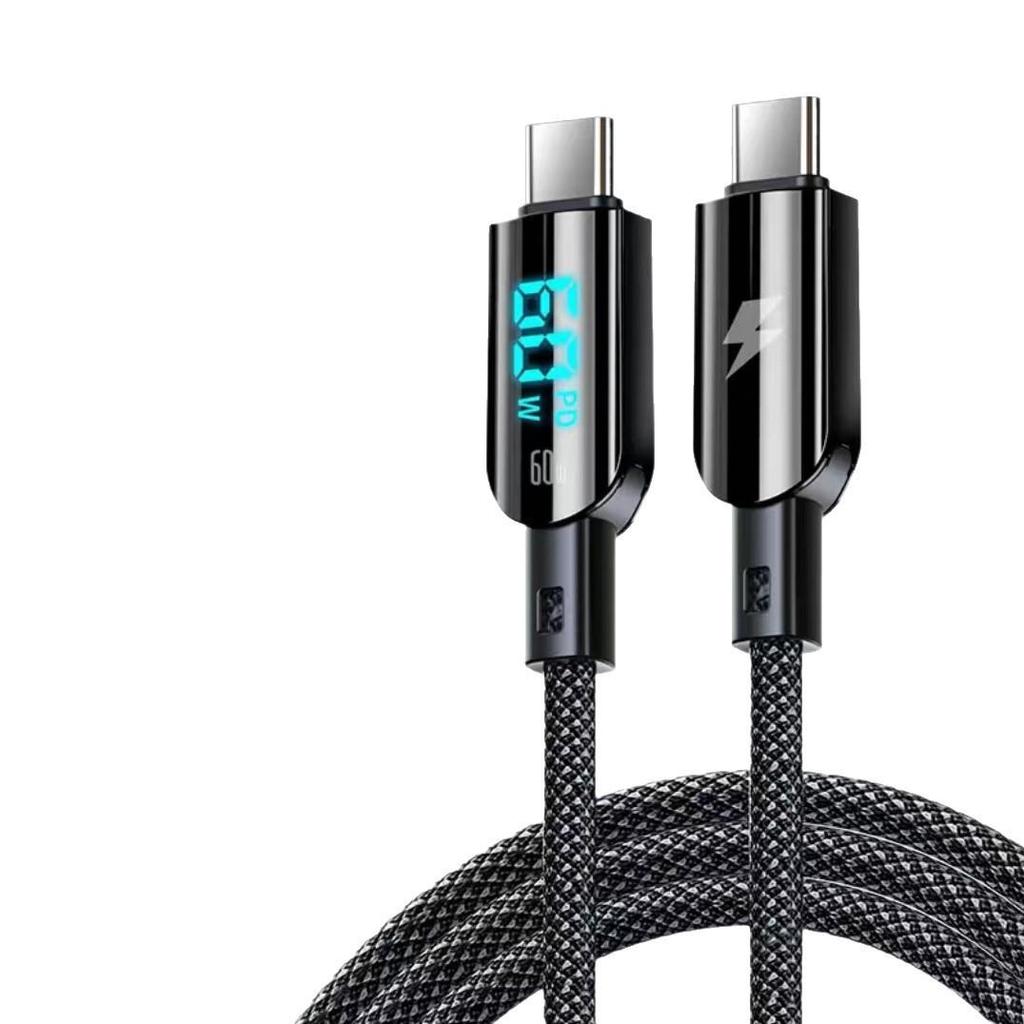 60W Dual Type-C Super Fast Charging Cable for Apple, Huawei, Vivo - 6A with Digital Display