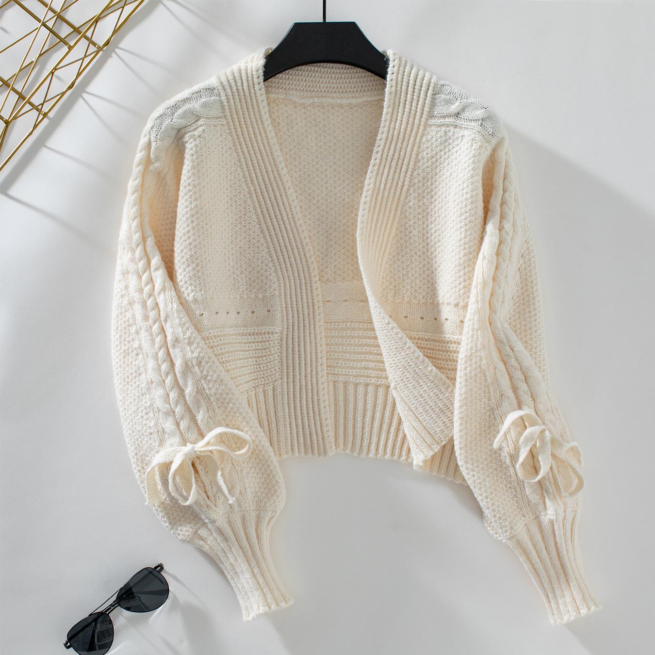 

Осень-зима Винтажный свободный топ с длинными рукавами однотонный кардиган ажурный трикотаж свитер с V-образным вырезом XL абрикосовый