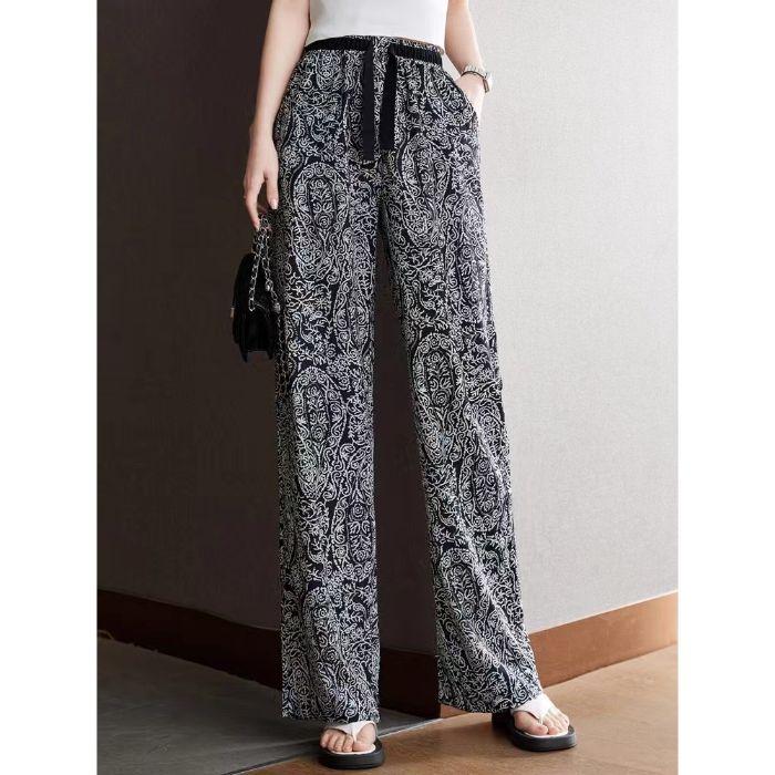 

Широкие брюки для женщин с высокой талией и заниженной линией талии, летние повседневные брюки, корейская версия, свободные прямые брюки из ледяного шелка с принтом 2XL чёрный