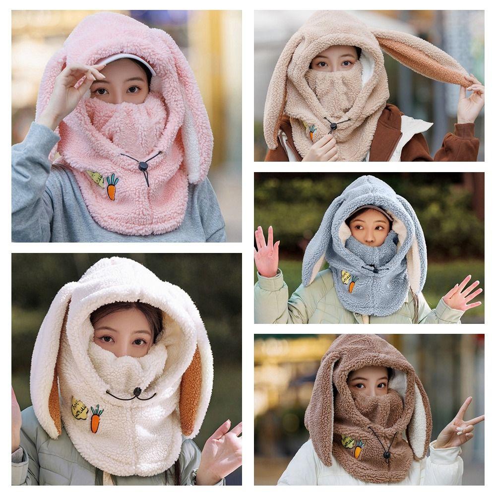 Drawstring Masks Hood Beanies Cartoon Fleece Pullover Cap Rabbit Ear Balaclava Hat  Girls