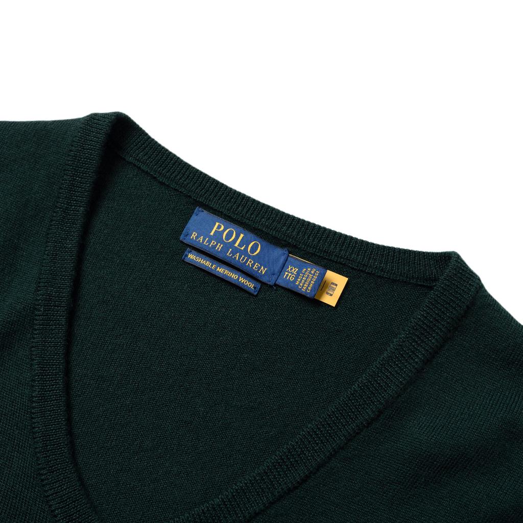 Polo Ralph Lauren FW23 Jednobarevný svetr s vyšívaným logem s výstřihem do V a dlouhým rukávem Pánský svetr Tmavě zelená 710883124-012