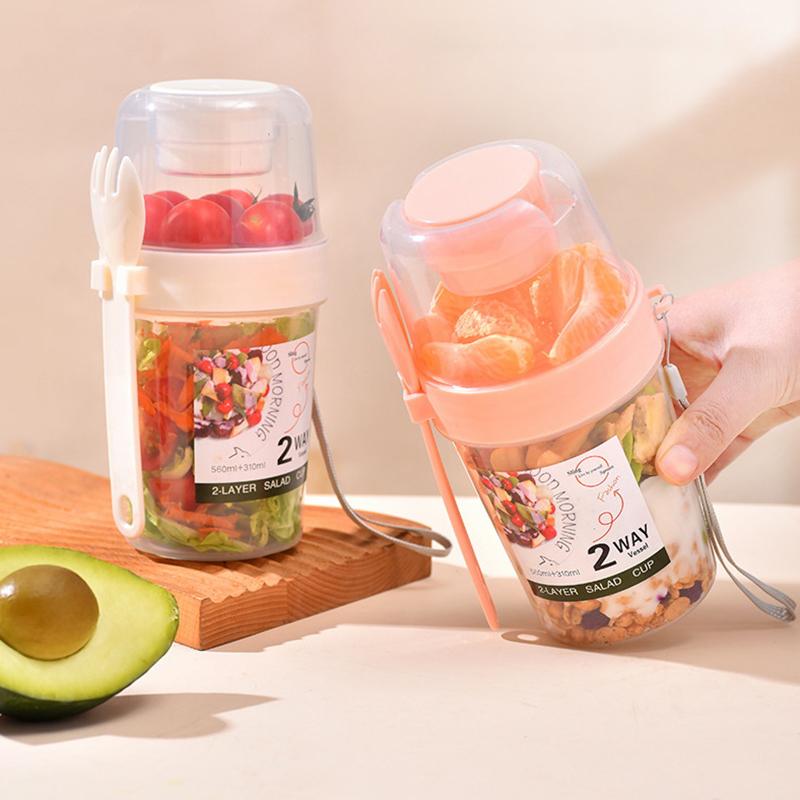 Tazza Portatile a Doppio Strato per Insalata, Avena, Cereali, Frutta Secca, Yogurt, Set Contenitore con Forchetta, Pranzo Scolastico, Scatola per Alimenti