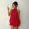 Women's Halter Neck Sleeveless Mini Dress Loose Fit High Waist Elegant Solid Chiffon Party Beach Ruffle Short Dress