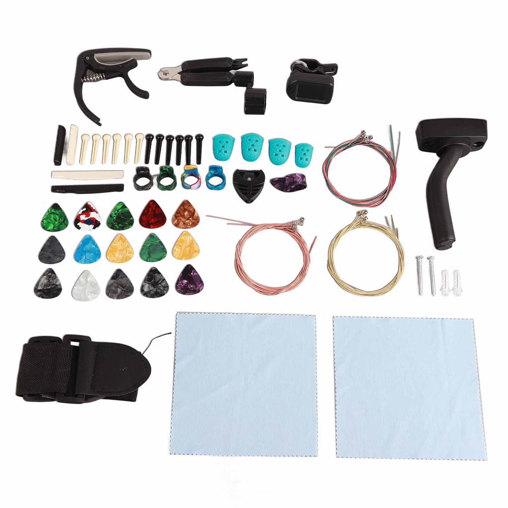 66Pcs Guitar Accessories Kit Guitar String Wall Mount Bracket Strap Tuner Picks Index Finger Plectrums Pins Set