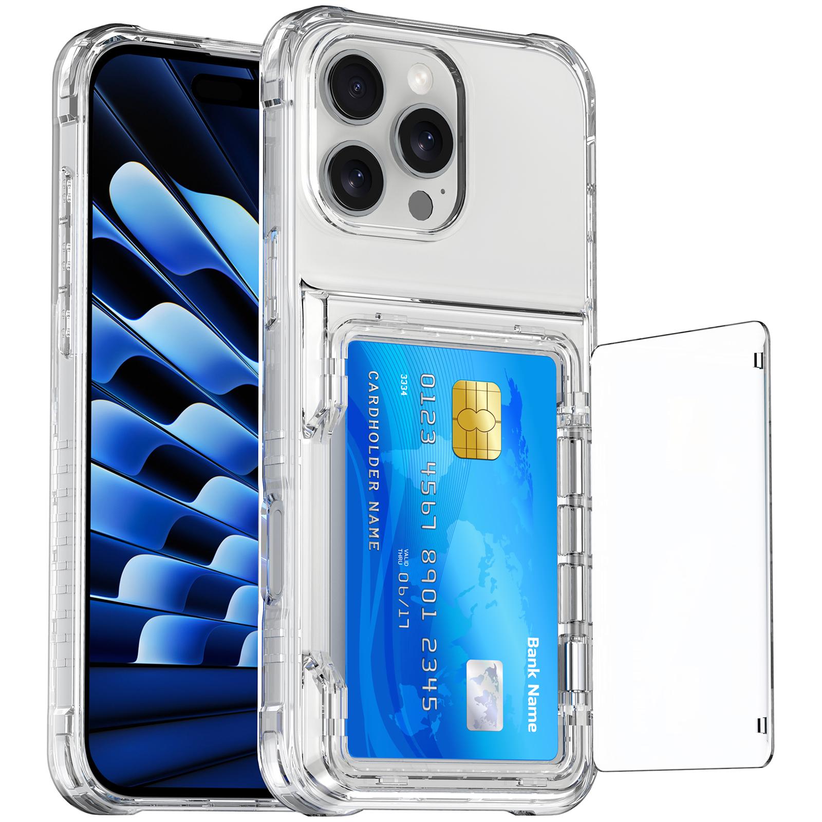 

For iPhone 16 Pro Max Clear Case PC+TPU Phone Cover Card Holder Kickstand Transparent Black