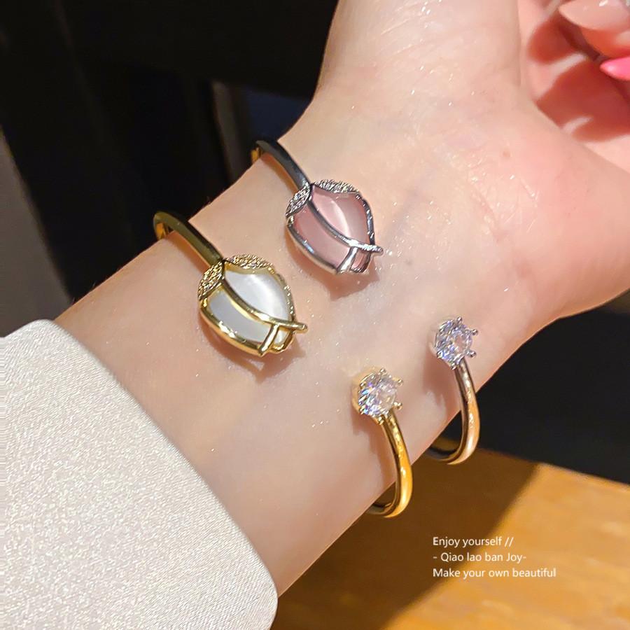 Zircon Cat Eye Flower Open Cuff Bracelet With Stones For Fashion Women