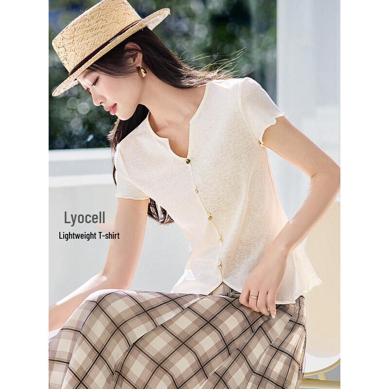 Mohan Yimei Women s V-Neck Split Hem T-Shirt with Decorative Buttons 2XL