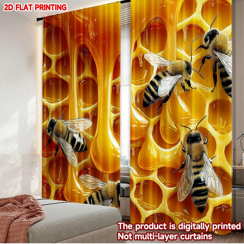 

2pcs Bee Honeycomb Curtains Realistic Bees on Golden Honeycomb with Dripping Honey for Kitchen Living Room Decor 100*130 HOOK 1pcs