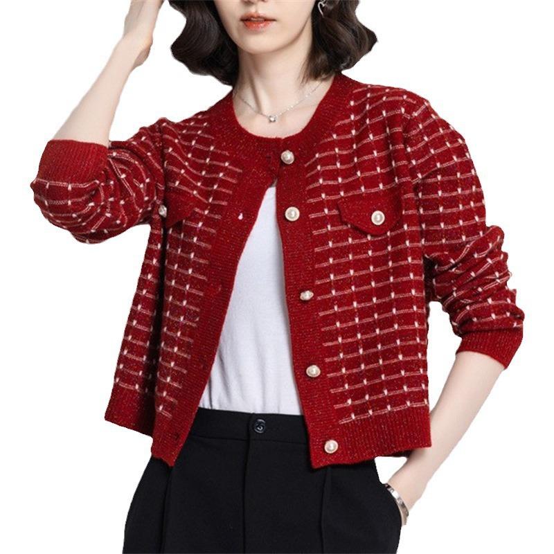Autumn and Winter Xiaoxiangfeng Top, Short, Small, Foreign, Elegant, Black and White Plaid Contrasting Knitted Jacket