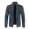 Stand Collar Long Sleeves Fleece Lining Sweater Coat Men Autumn Winter Geometric Pattern Zipper Placket Knitted Outerwear