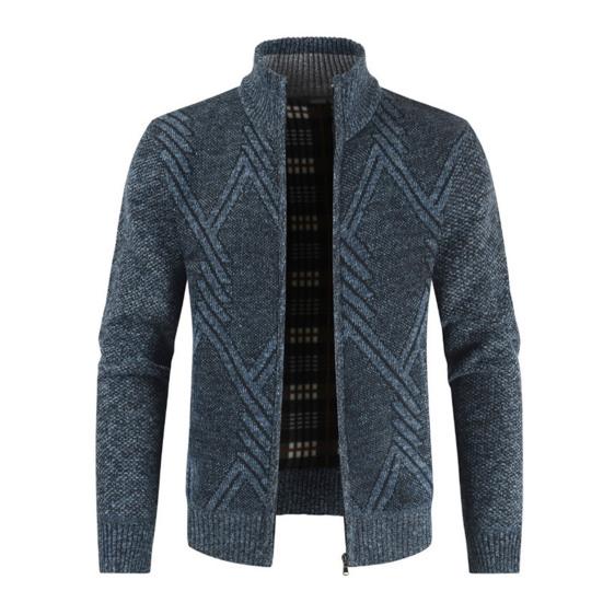 Stand Collar Long Sleeves Fleece Lining Sweater Coat Men Autumn Winter Geometric Pattern Zipper Placket Knitted Outerwear