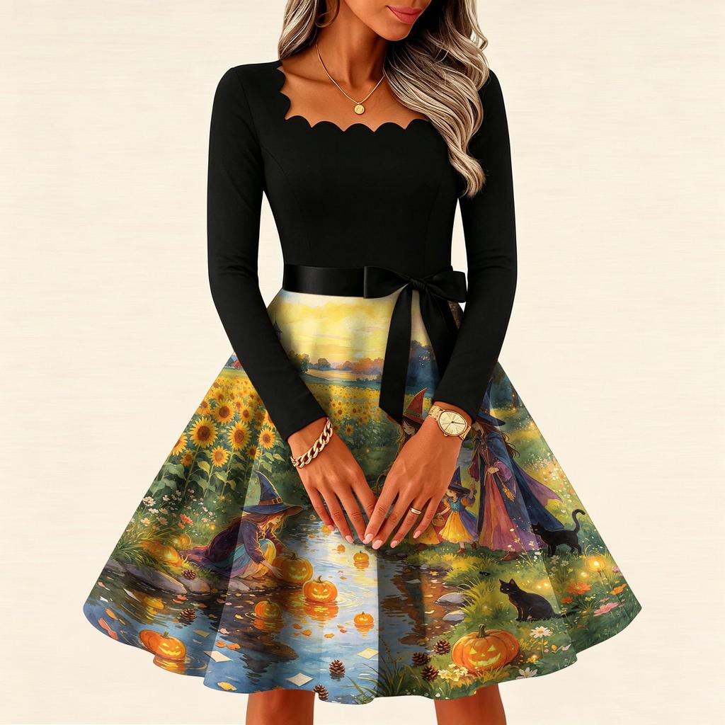 Women's Vintage Square Neck Long Sleeve Halloween Print Evening Dress